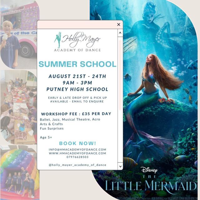 SUMMER SCHOOL 2023 ☀️

🗓️ 21st-24th August 
📍 Putney High School 

4 days filled with lots of dancing, arts and crafts, games and surprises - what more could your child want? It’s the perfect summer week with the Holly Mayer Academy of Dance 💫

Contact us to SAVE YOUR PLACE - limited spaces available!! 
(please contact by email only to grab your space) 📧 

We can’t wait to see you there 💫

•
#londonsummerschool #danceacademy #littlemermaidparty #westlondonsummerprogramme